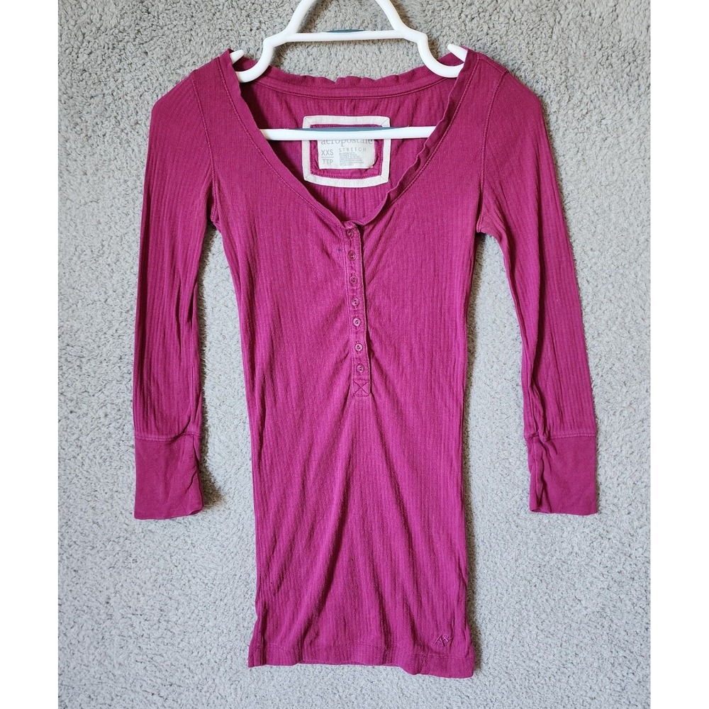 Vtg Y2K Aeropostale Henley Top Sz XXS Magenta Pink Ribbed Long Sleeve Scoop Neck